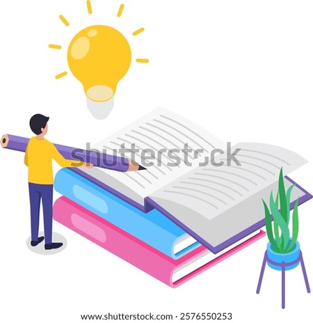Young student writing in an open book with a large pencil, generating a bright idea illuminated by a light bulb, embodying the essence of education, learning, and creativity