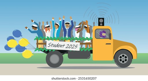 Jóvenes estudiantes celebrando la graduación "Studenten". Fin de los estudios en el Gimnasio. Paseo tradicional, bailando y gritando en la parte trasera de una cama de camión. Ilustración vectorial