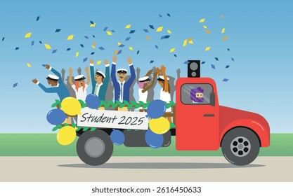 Young students celebrating graduation "Studenten". End of the studies at Gymnasium. Traditional ride, dancing and screaming in the back of a truck bed. Vector Illustration