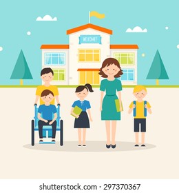 Young Students, Child With Special Needs And Female Teacher In Front Of School Building With Welcome Sign