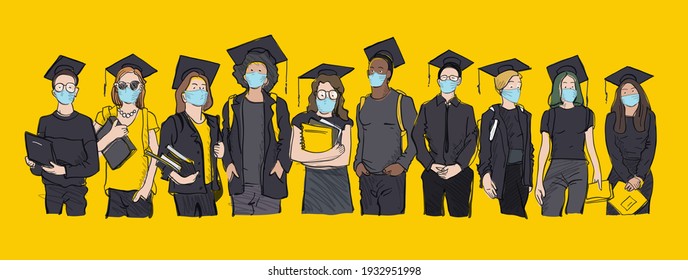 Young students of class 2021. Happy students with blue masks on faces. Vector illustration on yellow background, isolated.