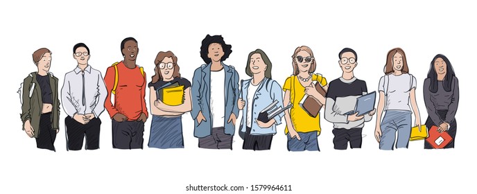 Young students of different nations. Happy students with backpacks and books. Happy multicultural teenagers in youth lifestyle clothes.  Vector illustration on white background, isolated.
