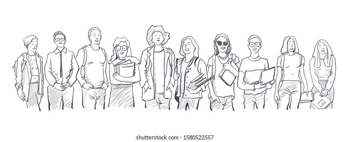 Young students of different nations. Happy students with backpacks and books. Happy multicultural teenagers in youth lifestyle clothes.  Black and white hand drawn sketch illustration