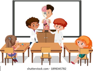 Young students explaining human anatomy in the classroom scene illustration