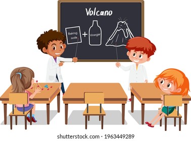 Young students explaining volcano experiment in the classroom scene illustration