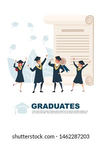 Young students graduated characters cartoon design flat vector illustration advertising banner vertical design