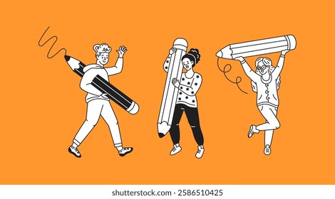 Young students holding giant pencils linear icons collection. Walking drawing and writing people doodle characters on orange background