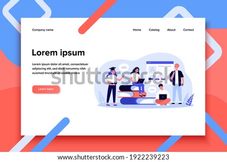 Young students learning language online flat vector illustration. Cartoon characters with laptops listening lesson with teacher via internet. Distance education and digital technology concept
