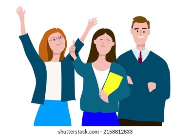 Young students on a white background.A group of classmates standing together.Smiling teenagers