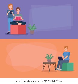 escena de los jóvenes estudiantes en línea