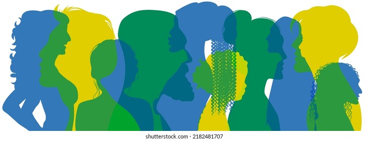 Young students. People faces. Human heads overlay silhouettes. Group of men or women. Business community. Consumer portraits. Public communication. Employee profiles. Vector illustration