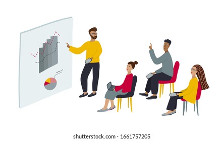 Young students people listening education training lecture. Man woman seat in class, asking questions. Flat character vector illustration for modern project of future studying process presentation.