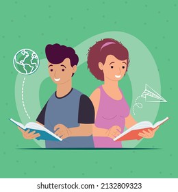 young students reading books characters