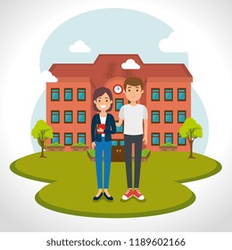 young students with school facade scene