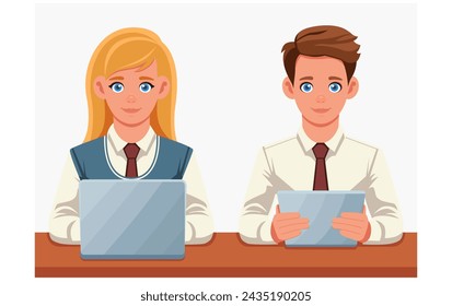 Young students in school suits sit at the same desk and study on a laptop and tablet. A teenage boy and a girl in a tie are studying online on electronic devices.