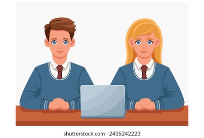 Young students in school suits sit at the same desk and study on a laptop. A teenage boy and a girl in a tie are studying online on an electronic device.