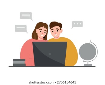 Jóvenes estudiantes se sientan juntos en una computadora portátil, estudiando y comunicándose en línea. Un niño y una niña están estudiando a distancia. Gráficos planos Vector.