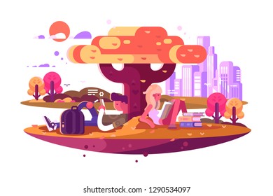 Young students sitting under tree and studying. Teens in park preparing for exams or reviewing homework vector illustration. University campus and education flat style concept. Isolated on white