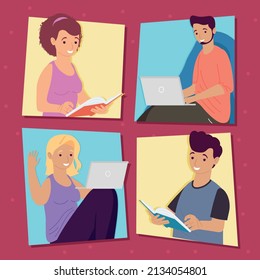 young students studing online characters