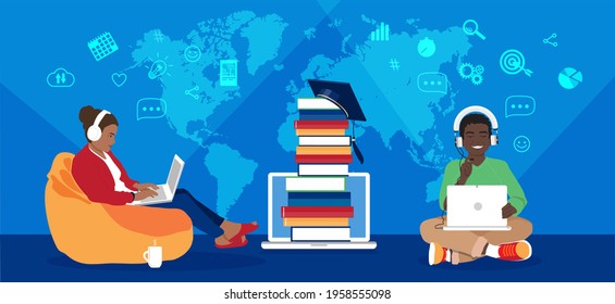 Young students study remotely from home using laptop. Distance education, e-learning modern digital technology concept banner. Stack of books with academic graduate hat on top. Vector illustration