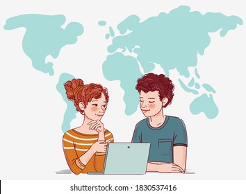 Young students studying together and using laptop