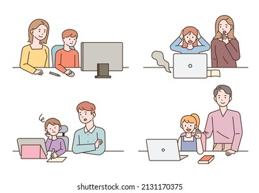 Young students are taking online classes at home. Parents are sitting next to each other and helping. flat design style vector illustration.