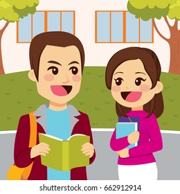 Young students talking on campus holding books and folders