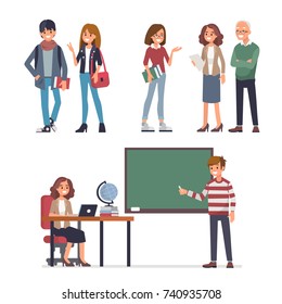 
Young students and teachers. Flat style vector illustration isolated on white background.