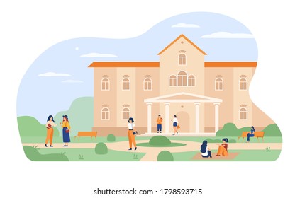 Young Students Walking In Front Of University Or College Building Flat Vector Illustration. Cartoon People Relaxing And Sitting On Grass At Campus. Exterior, Education And Landscape Concept