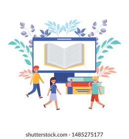 young students walking with screen computer and books. Online education concept. Vector illustration.