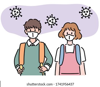 Young students are wearing masks and going to school. hand drawn style vector design illustrations. 