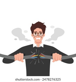 Joven atónito empleado recibe descarga eléctrica de cable. Ilustración vectorial plana aislada sobre fondo blanco