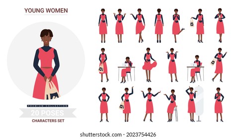 Young stylish african american girl poses vector illustration set. Cartoon beautiful fashionable woman character posing front side back views, various postures pretty lady fashionista isolated