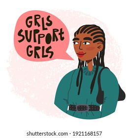 Young stylish African woman with braids hairstyle in hoodie says Grls support grls. Feminism, equal, independence, power generation concept. Vector isolated illustration.