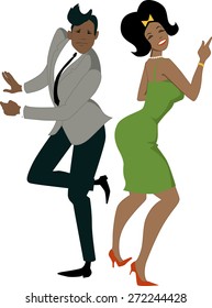 Young stylish black couple dressed in late 1950s early 1960s fashion dancing the Twist, vector illustration, no transparencies, EPS 8