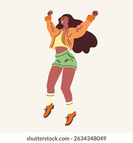 Young stylish black girl jumping or dancing. Flat cartoon modern style. Vector illustration isolated on light background.