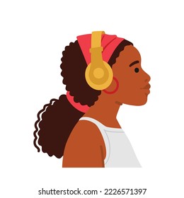 Young Stylish Black Woman Wear Headphones Listen to Music Profile View. Trendy African Female Character Teenager with Modern Hairstyle Isolated on White Background. Cartoon People Vector Illustration
