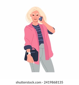 A young stylish blonde girl is talking on the phone. A female character in business clothes with a smartphone. Human poses. Posing. Vector illustration in a flat style