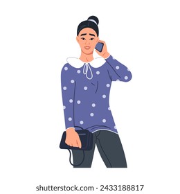 A young stylish brunette woman is talking on the phone. A female character in business clothes with a smartphone. Human poses. Posing. Vector illustration in a flat style