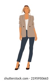 Young stylish businesswoman standing. Attractive girl wearing smart casual office outfit and high heels. Lady boss female character. Cartoon vector realistic illustration isolated.