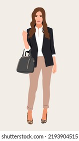 Joven empresaria elegante con una bolsa moderna. Atractiva chica con ropa de oficina formal y tacones altos de leopardo. La dama manda a la personalidad femenina. Ilustración realista vectorial de dibujos animados aislada.