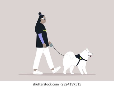 A young stylish character walking with their cute samoyed dog