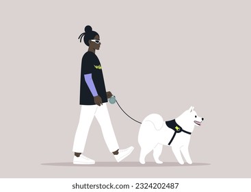 A young stylish character walking with their cute samoyed dog