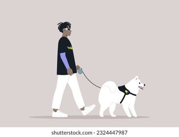 A young stylish character walking with their cute samoyed dog