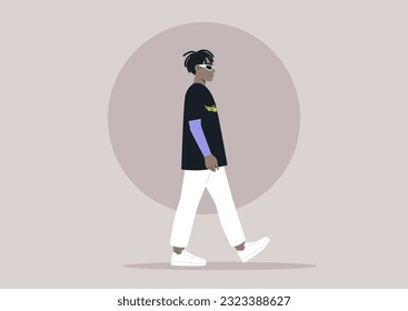 A young stylish character wearing fancy retro futuristic eye shades and a t-shirt with death metal logo