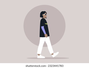 A young stylish character wearing fancy retro futuristic eye shades and a t-shirt with death metal logo