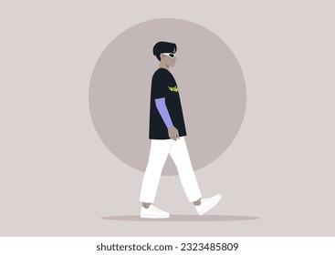 A young stylish character wearing fancy retro futuristic eye shades and a t-shirt with death metal logo