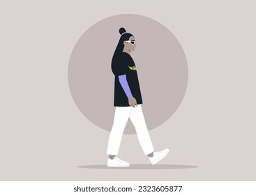 A young stylish character wearing fancy retro futuristic eye shades and a t-shirt with death metal logo