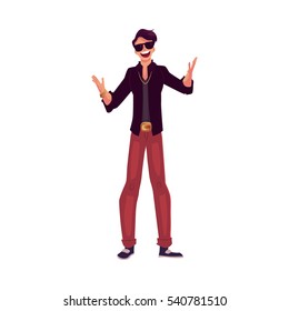 Young stylish clubber man wearing sunglasses and golden chain at a party, drinking cocktails, having fun, cartoon vector illustration isolated on white background. Man in sunglasses, party animal