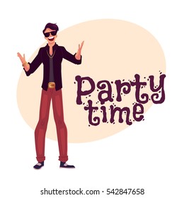 Young stylish clubber man wearing sunglasses and golden chain at a party, having fun, cartoon style invitation, greeting card design. Party invitation, advertisement